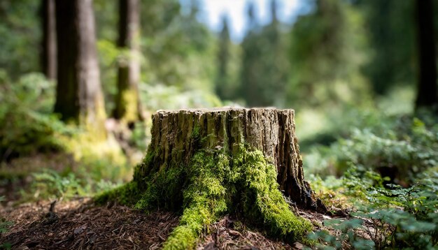 Closeup of tree stump with green moss in woodland Beautiful forest