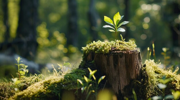 Closeup of Tree Stump With Small Plant Growing Out