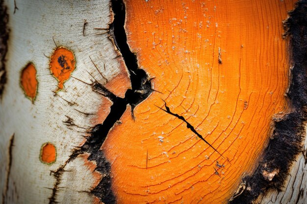 Closeup of tree trunk with saw marks and chainsaw oil visible