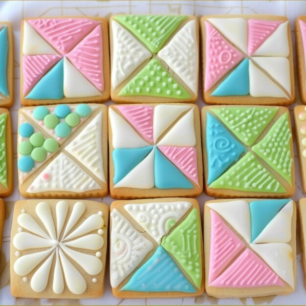 Foto close-up di biscotti accappati alla moda, biscotti ispirati agli appalachi, decorazione imitativa di patchwork