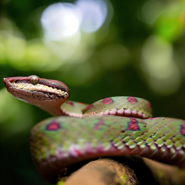 A closeup of the Trimeresurus kanburiensis snake revealing its mesmerizing scales and unique