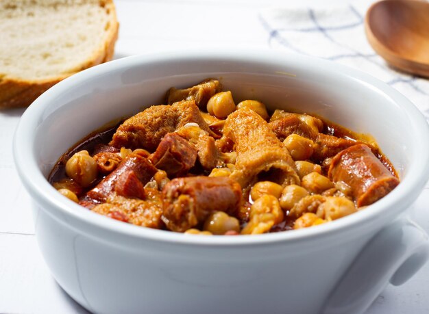 Closeup of tripe casserole with chickpeas Winter comfort food Callos a la madrilena