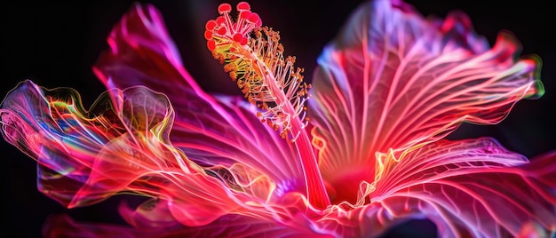 Closeup of a tropical flower illuminated by intricate light painting patterns