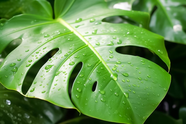 Closeup tropical leaf with drop water Ai generated