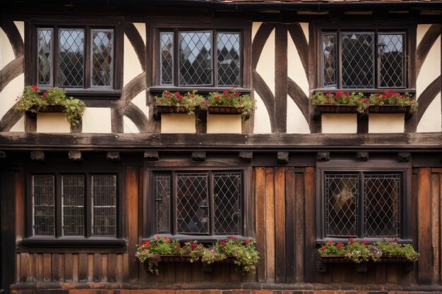 A closeup of a tudor houses ornate wooden window frames and brickwork