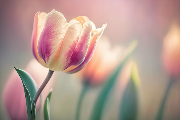 Closeup of Tulip Flower in Spring on Pastel Background with Copy Space for Text