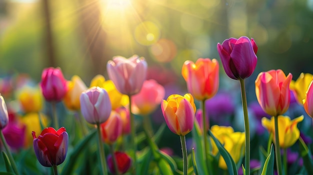 A closeup of tulips blooming in the sunshine