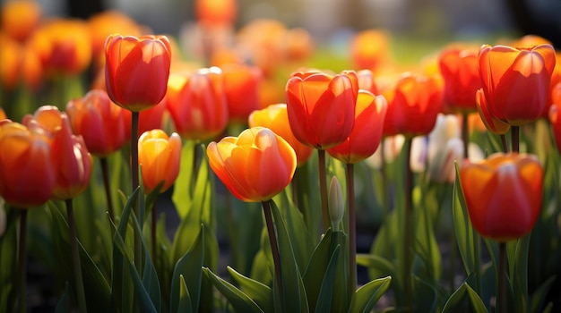 Closeup of tulips in a field