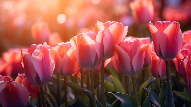 Closeup of tulips in a field