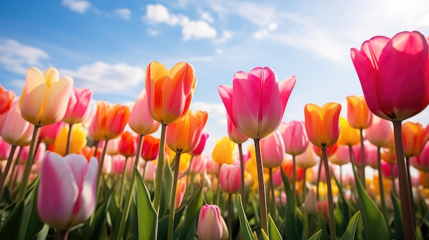 Closeup of tulips in a field