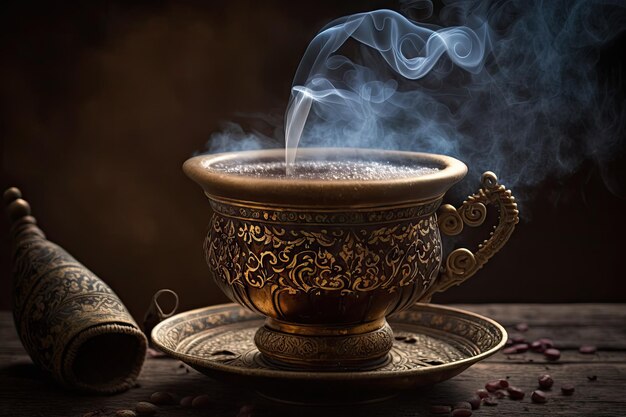 Closeup of turkish coffee with steam rising from the cup