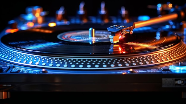 Photo closeup of turntable with vinyl record and stylus