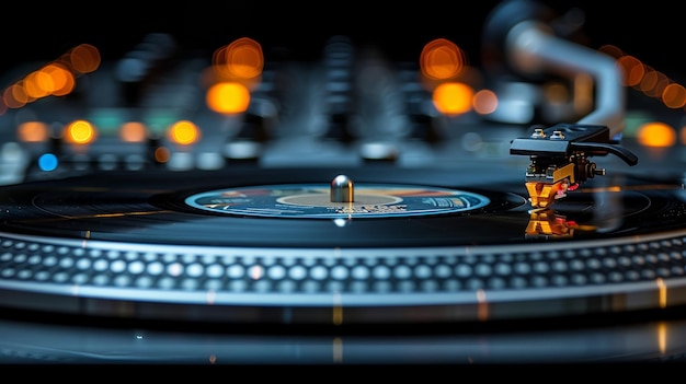 Closeup of turntable with vinyl record and stylus