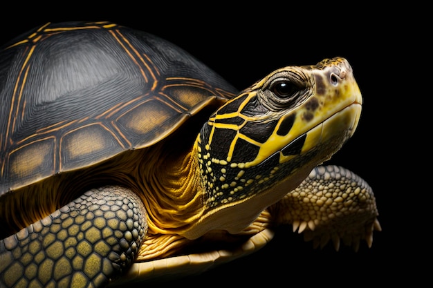 A closeup of a turtle with a black background