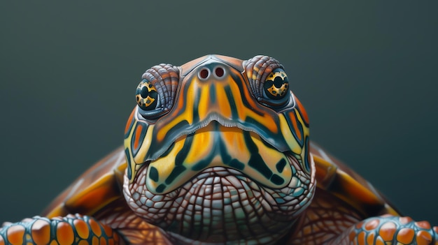 Photo a closeup of a turtles face the turtle has bright orange yellow and green markings on its head and neck