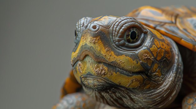 A closeup of a turtles face The turtle has a yellow and brown shell and a long neck It is looking at the camera with its big black eyes