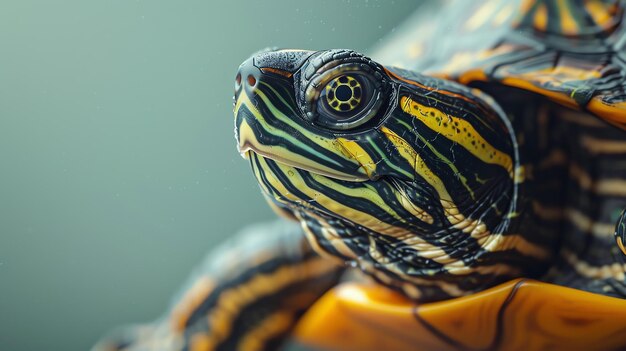 カメの頭と首のクローズアップ カメは頭と首に黄色と緑と黒のストライプのパターンを持っています 目は黄色と黒です