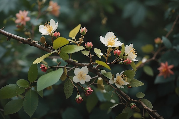 Closeup of twigs with flowers and leaves