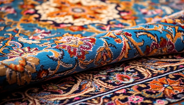 Closeup of a twisted blue Persian carpet on the floor