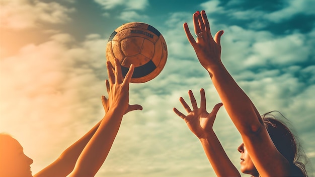 closeup of two athletes playing beach volleyball their hands reaching high in the air to hit the ball