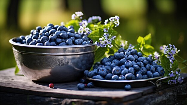 Closeup of two bowls of blueberries on a table