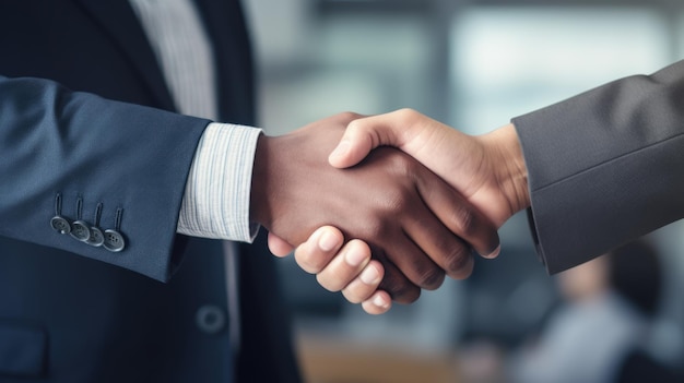 Closeup two businessmen shake hands in officecreated with generative ai technology