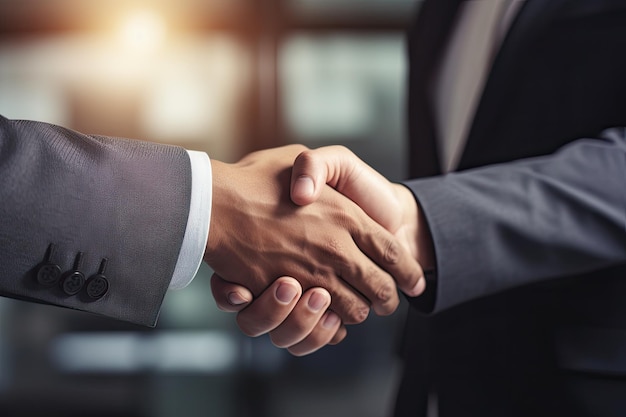 オフィスで握手する2人のビジネスマンのクローズアップ 握手でお互いに挨拶する同僚のクローズアップ 握手するビジネスマンのクローズアップ AI生成