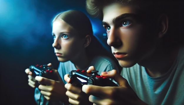 Photo closeup of two caucasian teenagers one male and one female engrossed in a competitive video game