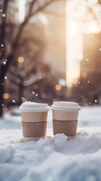 Closeup of two coffee cups in the snow near the city blurred Holidays happy moments at home