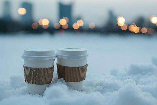 Closeup of two coffee cups in the snow near the city blurred Holidays happy moments at home