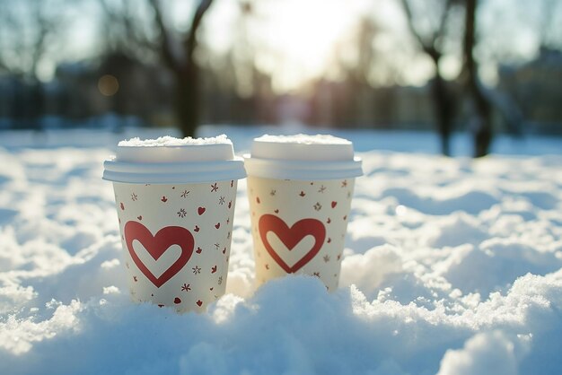 雪の中の2つのコーヒーカップのクローズアップは街の近くでぼやけました家での祝日の幸せな瞬間