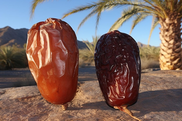 Closeup of two dried date palm fruit in the bright sun