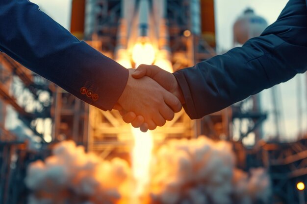 Photo closeup two engineers handshake in front of a spaceship launch