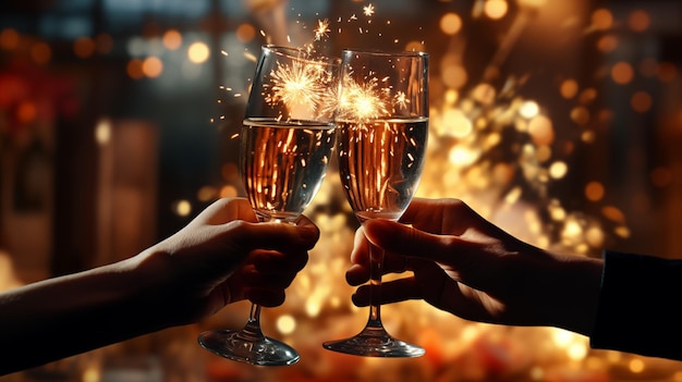 Closeup of two hands clinking glasses of champagne and a bengali firework