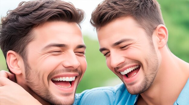 Photo closeup of two men laughing