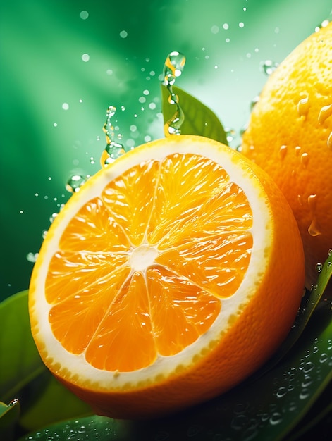 Closeup two oranges deep droplets half body cropping color yellow screen listing splashes food