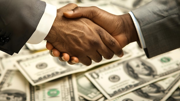 A closeup of two people of color shaking hands over a pile of money