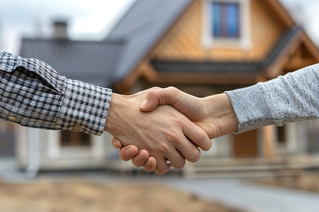 Photo closeup of two people hands shaking to finalize a deal on a blurred background with a new house