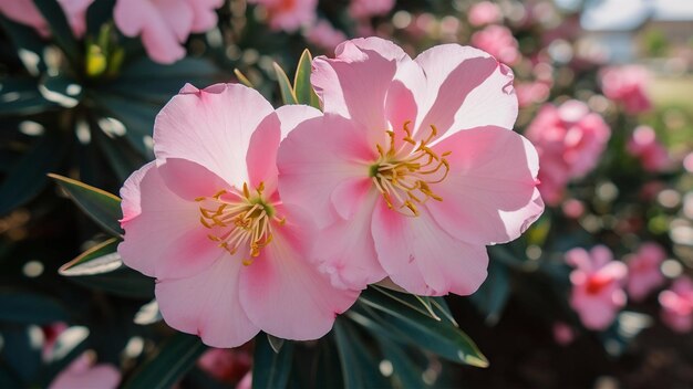 Closeup of two pink oleander flowers under the sunlight with a blurry background