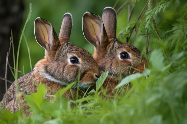生成 AI で作成された緑豊かな牧草地に囲まれて寄り添う 2 匹のウサギの接写