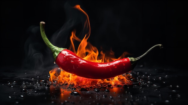 Photo closeup of two red chili peppers in a flaming inferno on a dark backdrop generative ai