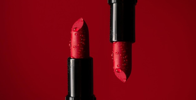 Closeup on two red lipsticks in splashes of water on a red background