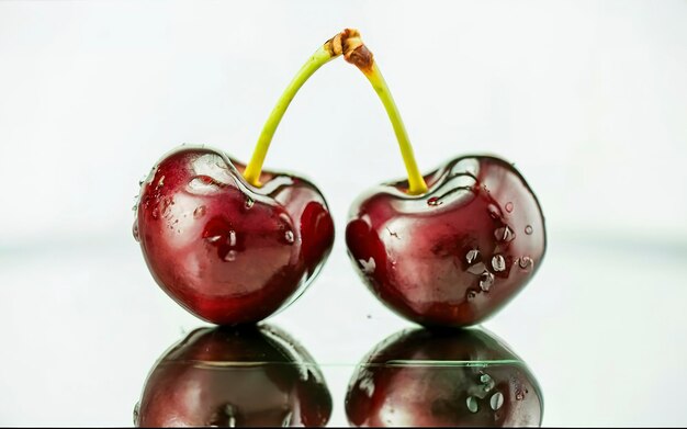 Closeup of two ripe tasty red and shiny cherries with connected stems with reflection