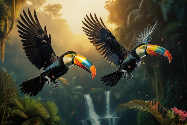 Closeup of two toucan flying outdoors