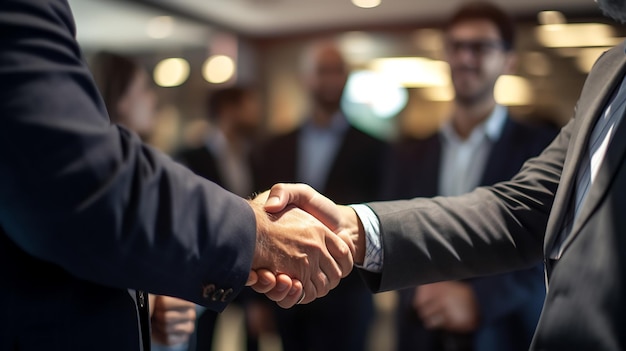 Photo closeup two unrecognizable businessmans shake hands in officecreated with generative ai technology