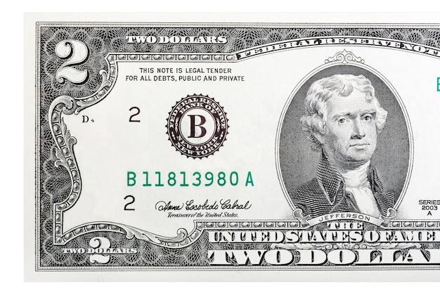 A closeup of a two US dollar bill Isolated High resolution photo