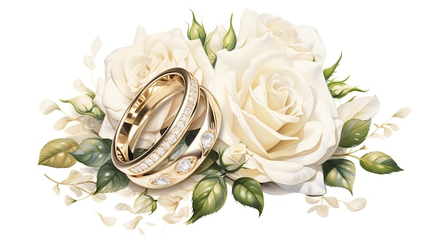 Photo closeup of two wedding rings and a bouquet of white roses on satin fabric with gold accents