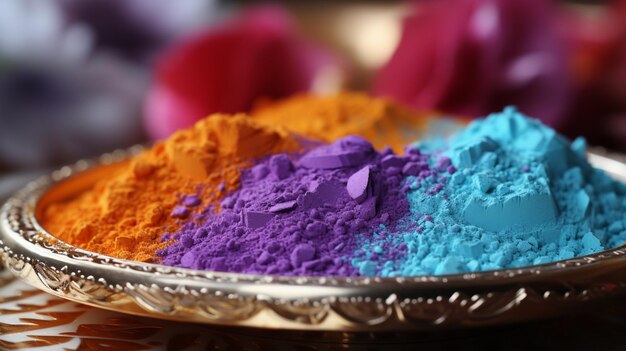 Closeup of two white plates of Holi gulal powder colour piles