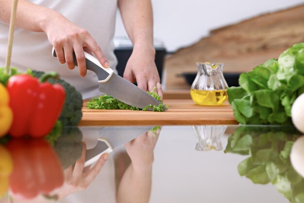 Closeup of two women are cooking in a kitchen. Friends having fun while preparing fresh salad.