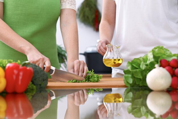 Closeup of two women are cooking in a kitchen. Friends having fun while preparing fresh salad.